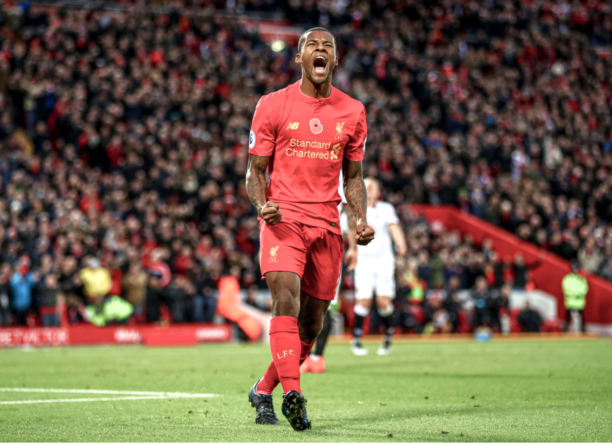 Gini Wijnaldum, contratado junto ao Newcastle no verão de 2016, contribuiu para o equilíbrio do meio-campo do Liverpool. Clive Brunskill/Getty Images