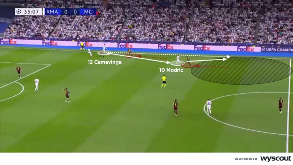 Búsqueda del espacio por la banda izquierda del Real Madrid en la ida de la semifinal de la Champions 2022-23