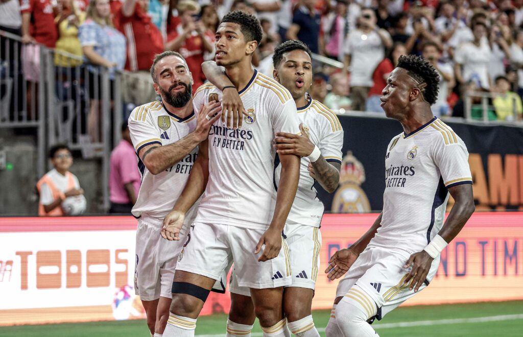 Jude Bellingham celebra un gol en un partido de pretemporada del Real Madrid de Carlo Ancelotti