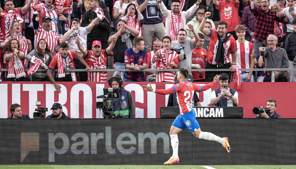 Portu celebra el gol que metió al Girona de Míchel Sánchez en la Champions