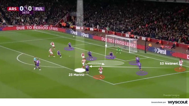 Mikel Merino como delantero del Arsenal. En el área.