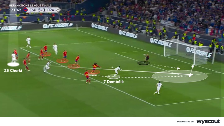 Ataque de Francia vs. España, Dembélé estrella un balón del poste, semifinal de la Nations League 2025