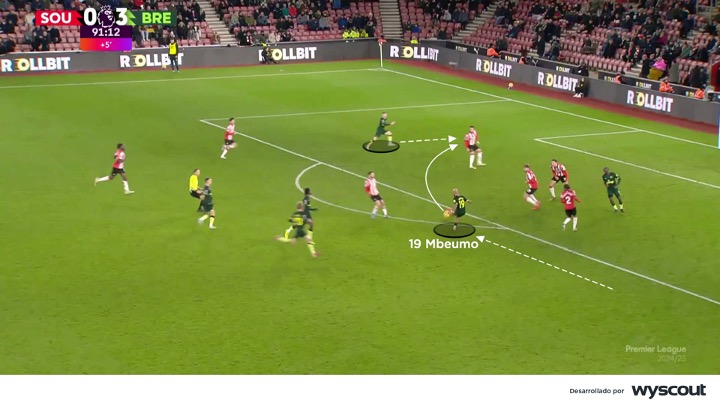 Bryan Mbeumo lanzando un pase al área del Brentford