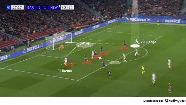 Defensa del Barça.  FC Barcelona vs Newcastle. Vuelta de los octavos de final de la Champions League 2025-2026.
