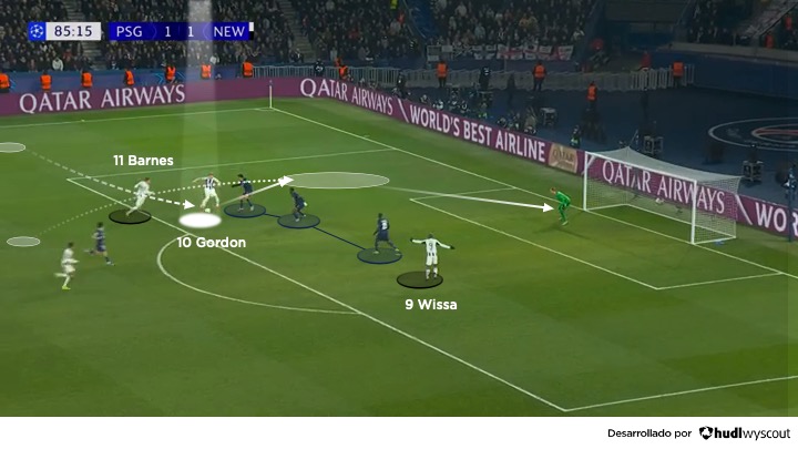 Anthony Gordon. Combinación para rematar en el área rival