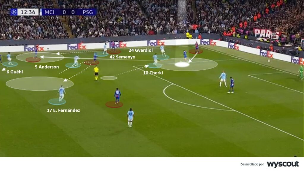 Manchester City 2-4 PSG. Intento de presión en la salida del City frente al PSG en su duelo de Champions League.